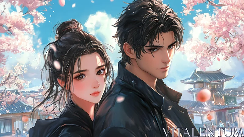 Spring-storm lovers beneath drifting cherry blossom skies.