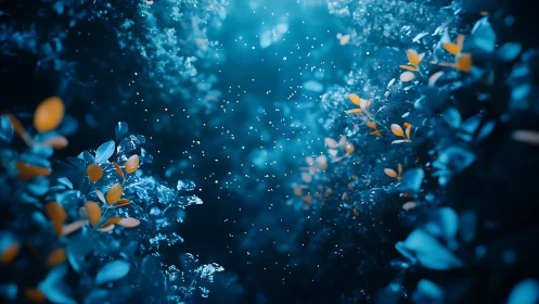 Blue forest corridor with glowing particles and leaves.