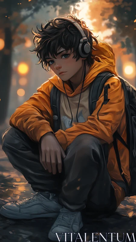 Boy in orange hoodie listens alone under soft city lights.