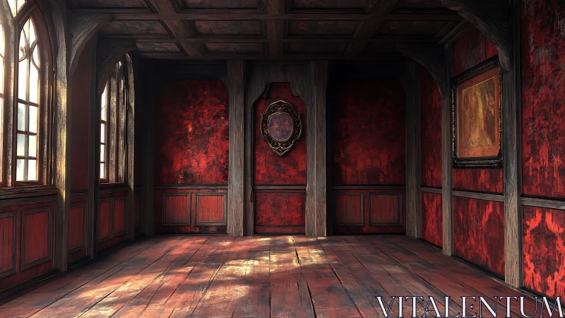 Sunlit empty red wooden room with crest and framed painting