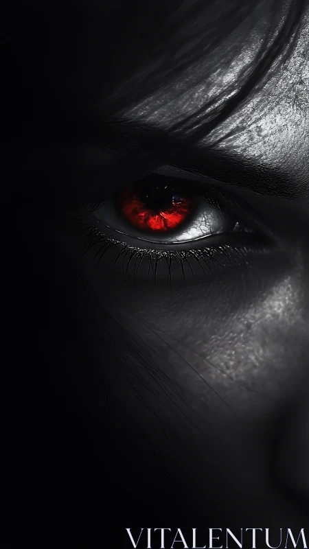 Red demon eye glows from shadowed monochrome face.