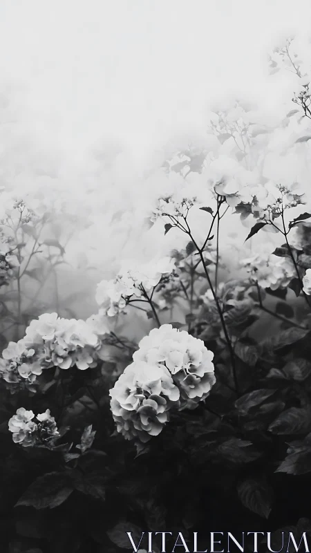 Monochrome Blooms in Soft Mist: An Ethereal Garden Dream.