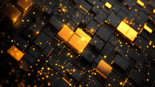 Futuristic golden cubes with glowing sparks in a digital 3D style.