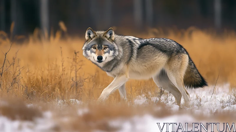 Grey wolf strides through golden winter grassland at dusk