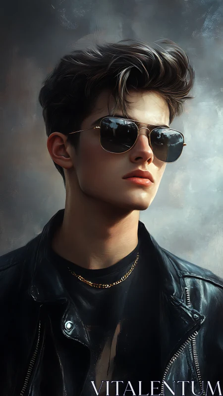 Rebel youth in leather and gold staring through cool twilight.
