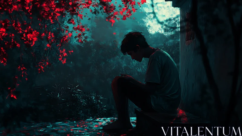 Solitary boy under neon leaves reflects in midnight rain.