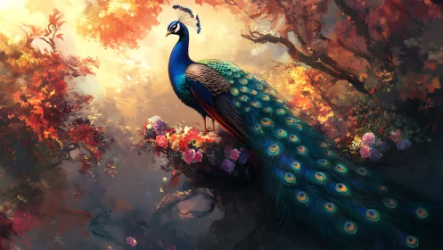 Regal peacock rests over glowing autumn forest canopy