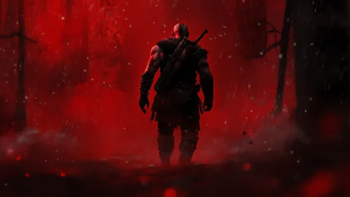 Warrior strides through blood-red misted forest battlefield