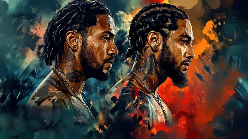 Dual Profile Portraits with Dynamic Fire and Storm.