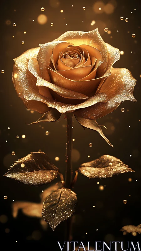 Golden rose glows with dewdrops in dramatic warm light.