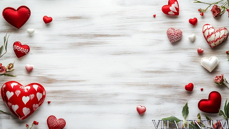 Valentine's Day Flat Lay with Red Hearts and Floral Accents.