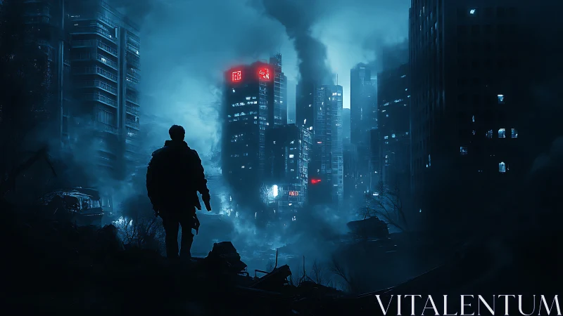 Solitary armed figure surveys dense, fogged urban skyline