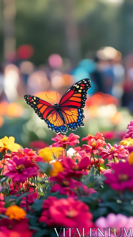 Monarch butterfly hovering above vivid summer flower bed.