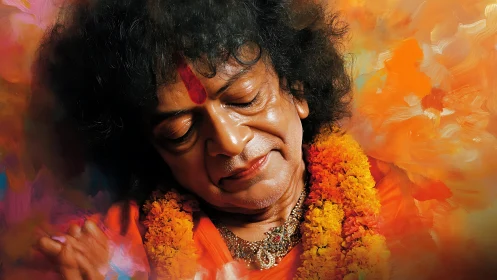 Devotional portrait with marigolds and radiant orange glow.