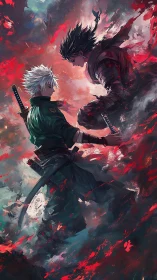 Kinetic duel of two samurai amid turbulent chromatic vortex.