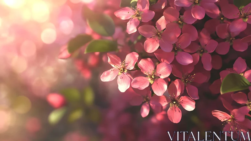 Pink crabapple blossoms backlit by warm spring sunlight