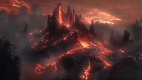 Molten Fortress Rising Through Volcanic Haze.