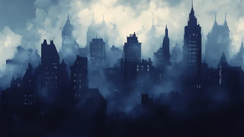 Shrouded skyscraper skyline emerging through deep urban fog.
