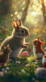 Digital painting of woodland baby animals in golden bokeh light.