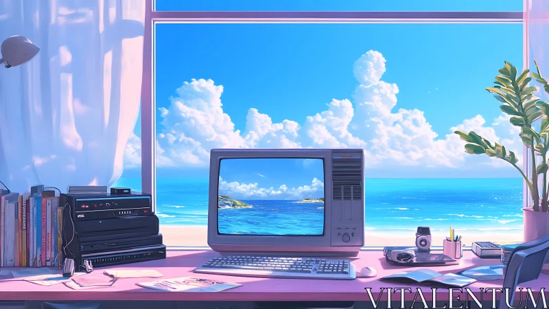 Retro desktop workstation facing bright coastal seascape view.