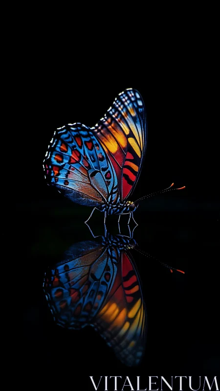 Colorful butterfly with reflective surface on black background.