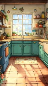 Sunlit vintage kitchen interior with teal cabinets and tiles.