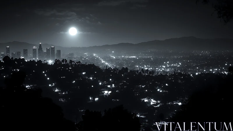 Moonlit city skyline and suburban lights extend across valley