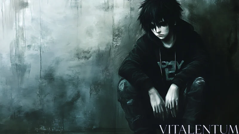 Solitary hooded boy sits in shadowed concrete corner