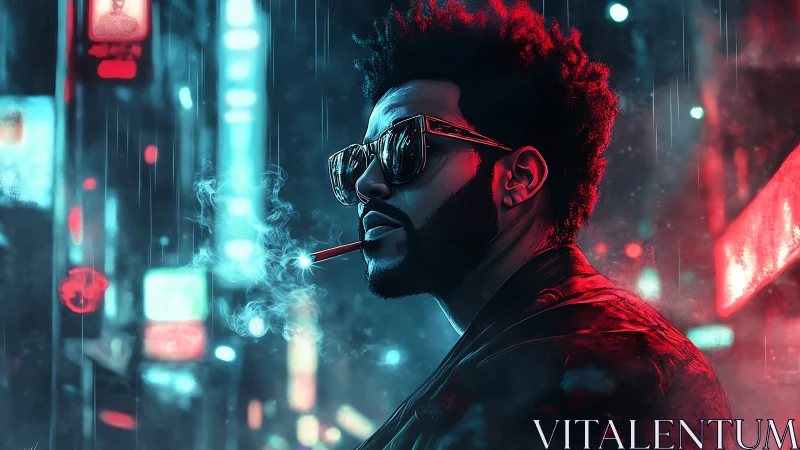 Neon night drifter basking in blue rain and crimson glow.