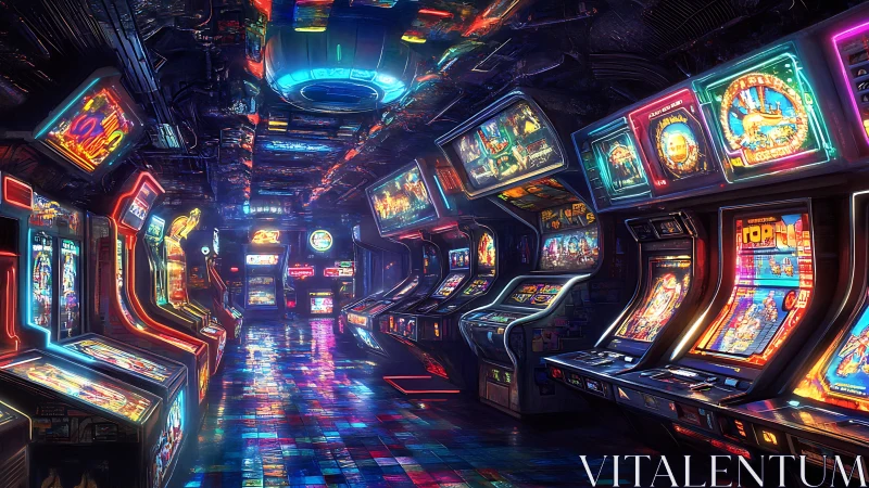 Neon cyber arcade hallway with retro gaming machines.