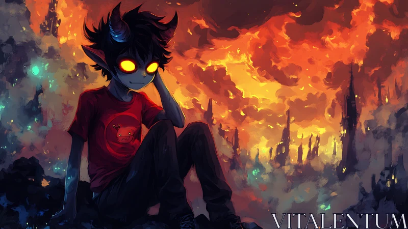 Demon child watches burning city under molten sky.