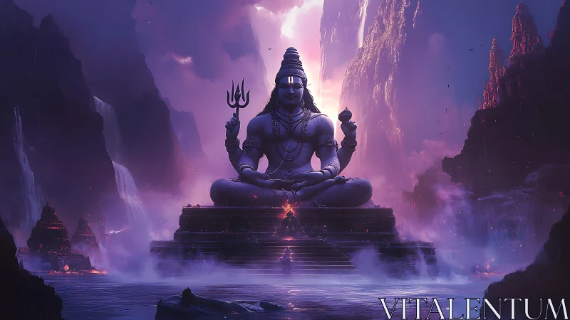 Monumental seated deity statue amid misty mountain landscape.