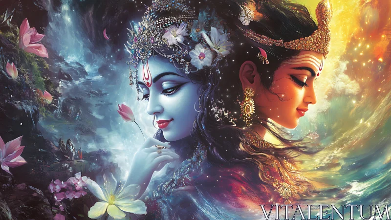 Dual deity portraits in contrasting chromatic environments.