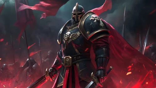 Armored warlord commands burning battlefield in crimson armor.