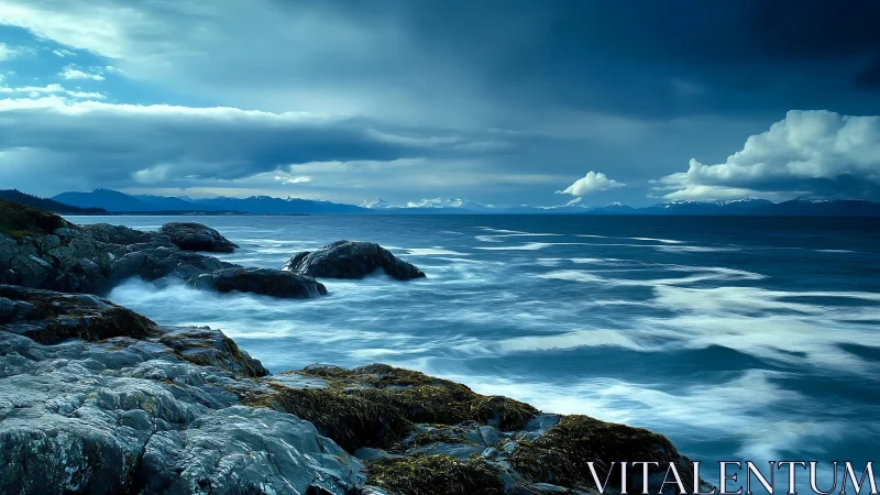 Wild coastal waves roll toward rocky shore under blue sky