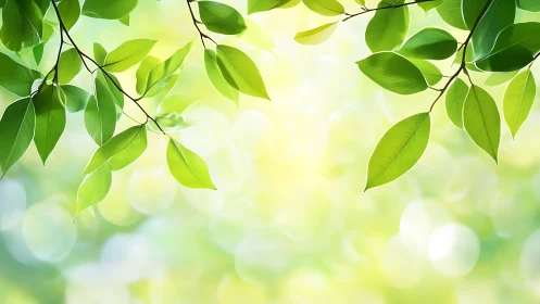 Green leaves canopy over soft sunlit bokeh background.
