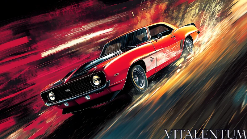 Classic red muscle car races through stylized motion blur