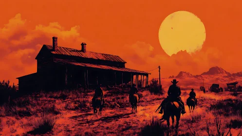 Cinematic western riders at dusk near derelict ranch house