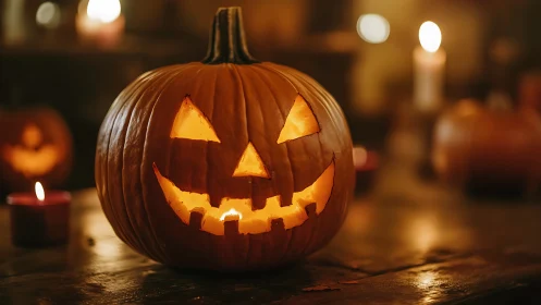 Illuminated carved jack o lantern with warm bokeh background.