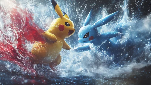Electric and water creature clash in dynamic splash scene.