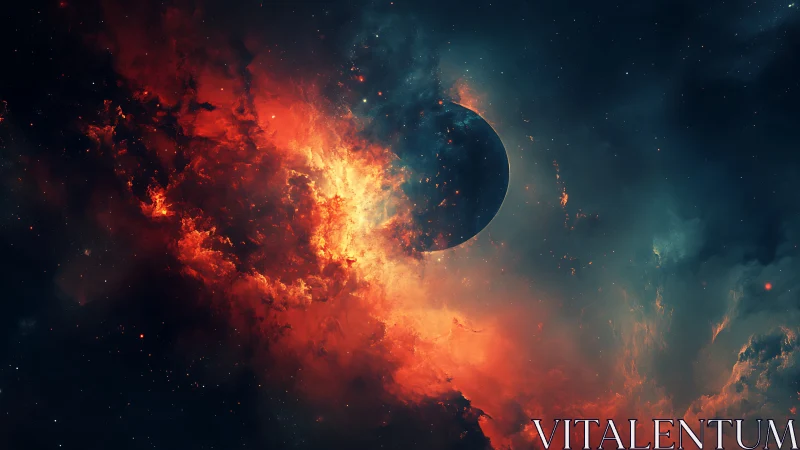 Planet silhouette cuts through erupting cosmic firestorm