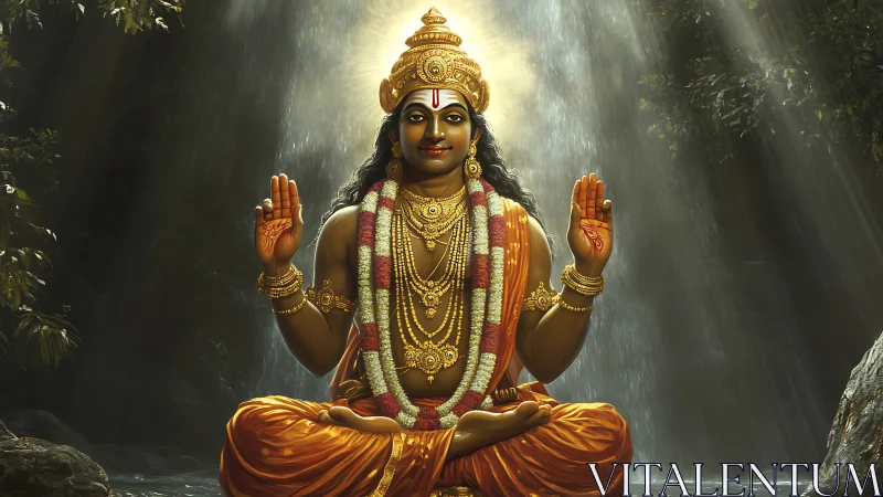 Radiant forest deity in lotus calm beneath silver waterfalls.