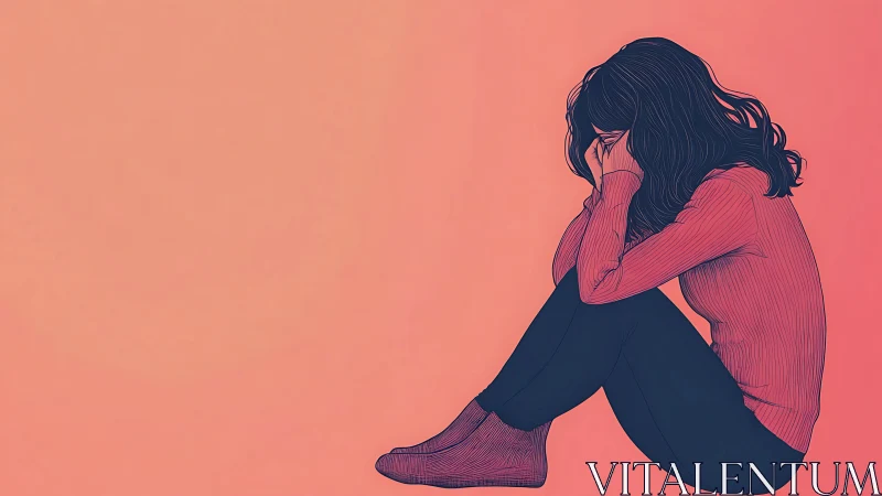 Sad woman sitting alone, digital illustration with warm tones.