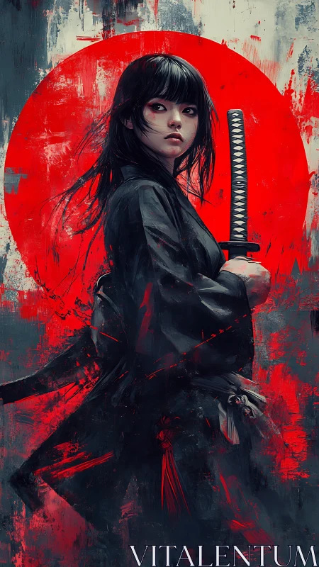 Samurai swordswoman before scarlet sun in abstract ink field