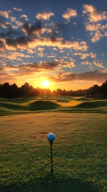 Golf tee at sunrise on rolling fairway landscape.