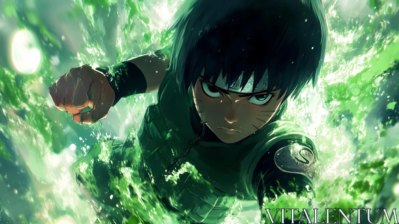 Determined anime hero bursts forward in glowing green energy.