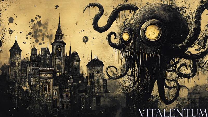 Moon-eyed ink leviathan leers over a crumbling clockwork city