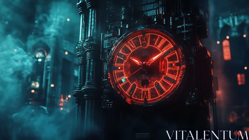 Neon red clock tower glows through mist in cyberpunk night.