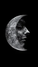 Crescent moon reveals human face emerging from darkness