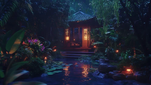 3D nocturnal pavilion amid lush illuminated water garden.